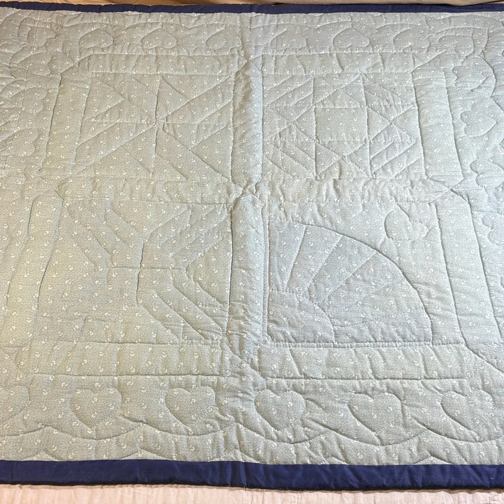 Handmade Vintage Sampler‎ Quilt Blue Border Hearts Fan Pinwheel Americana Decor